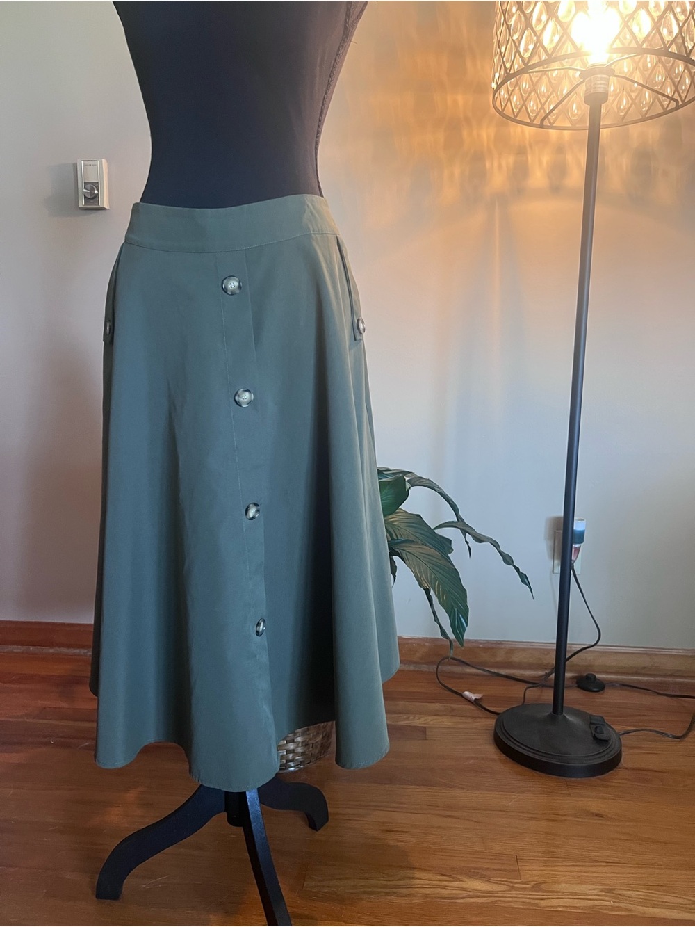 Classic A-Line Olive Green Button-Front Midi Skirt